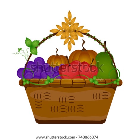 Basket with fruits and pumpkins, Thanksgiving day, Vector illustration