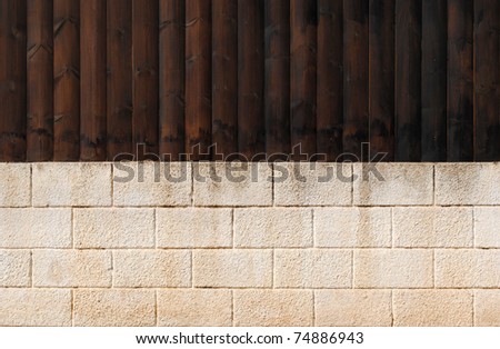 grunge background with brown wooden convex planks and bricks