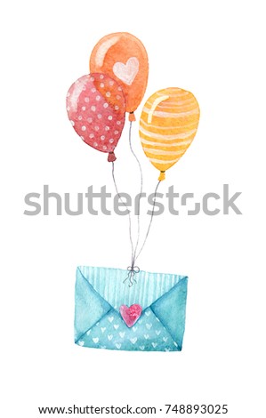 Isolated watercolor illustration of an envelope and balloons. A happy birthday gift.