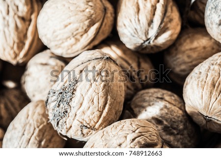 Walnuts background. Walnuts texture. Group walnuts. Healthy organic food concept. Top view. View above