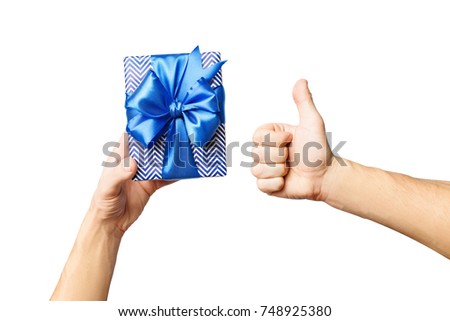 gift in hand isolated on white background, gift box for holiday, blue gift box