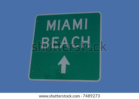 Miami beach sign with arrow isolated on blue
