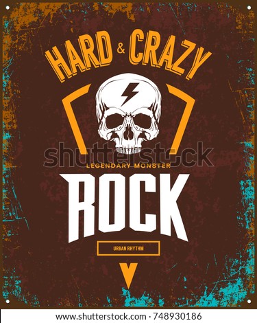 Vintage hard and crazy rock vector t-shirt logo isolated on dark background. Premium quality skull logotype tee-shirt emblem illustration. Street wear legendary music style old retro tee print design.