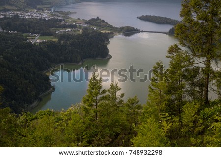 View of twin lake Sete Cidades in volcanic crater near Ponta Delgada in Sao Miguel, Azores, Portugal. 
