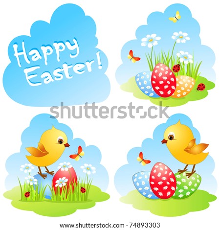 Easter collection with chick and eggs. Vector illustration.
