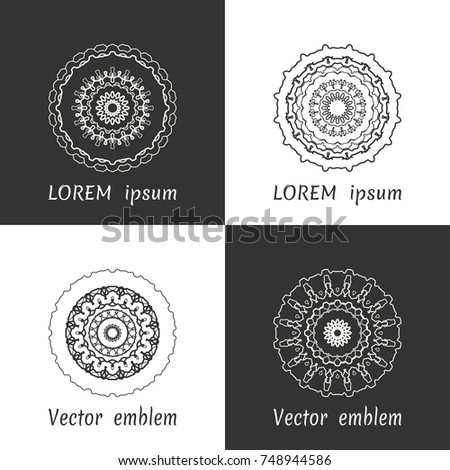 Vector set of line logo design templates. Black and white geometric mandala ornaments in trendy linear style for luxury products, organic cosmetics packaging