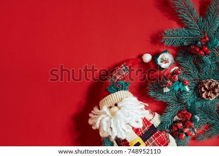 Christmas decorations on hot red background. Christmas and New Year theme. Place for your text, wishes, logo. Mock up.