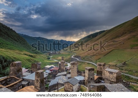 The spectacular view overlooking Ushguli in the Svaneti region of Georgia. The village is claimed to be the highest permanently inhabited settlement in Europe and home to around 200 people. 