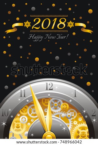 Happy new year 2018 silver golden logo icon. Vector poster with clock, balloons. Abstract holiday design template. Vintage symbols, swirls pattern, text lettering banner. Black night sky background