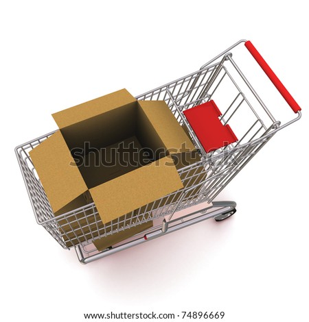 trolley with an open cardboard box. 3d rendering on white background