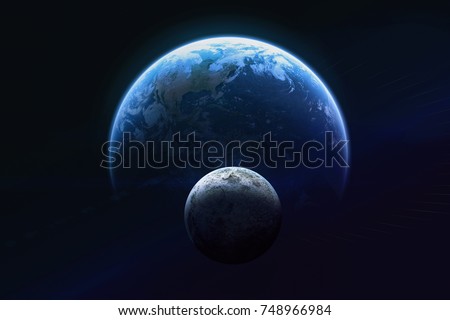 Blue Earth and moon in the space. Dark background. Blue gradient. Space wallpaper. Elements of this image furnished by NASA
