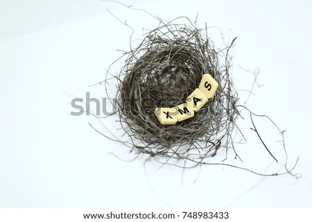 Wording of “XMAS” inside bird nest isolated white background.