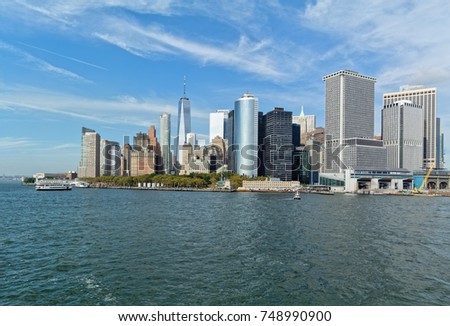 Lower Manhattan skyline as seen from ferry. New York City, USA.
