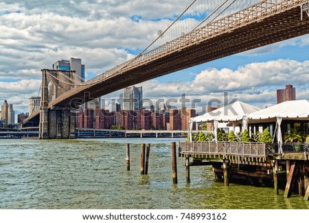 Brooklyn Bridge with lower Manhattan  in the background.
