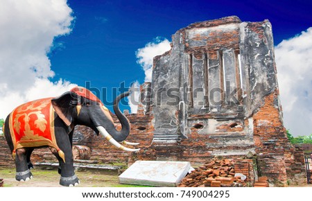 elephant stone in Ayutthaya World Heritage Site cipping path,elephant stone cipping path
