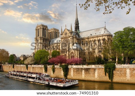 Paris, Notre Dame  with boat on Seine, France Royalty-Free Stock Photo #74901310
