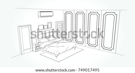 Linear sketch of an interior. Room plan. Sketch Line bedrooms. Vector illustration.outline sketch drawing perspective of a interior space.