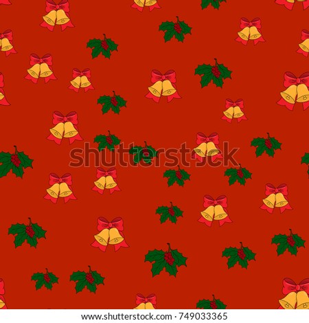 Christmas seamless pattern with jingle bells, and holly leaves on red background, vector illustration