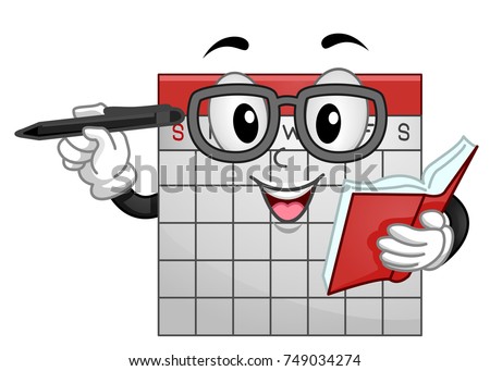 Illustration of a Calendar Mascot Wearing Eyeglasses and Holding a Pen and a Book