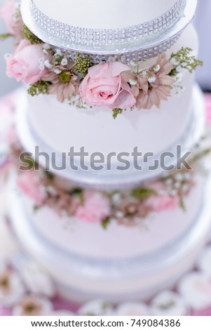picture close to the wedding cake of the story and festooned with brown flowers around her
