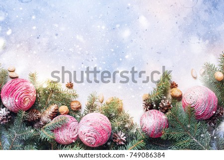 Vintage Christmas Composition with Pink Wooden Balls Fir Tree Branches Pine Cones Nuts Walnuts Natural Style