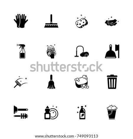 Cleaning icons - Expand to any size - Change to any colour. Flat Vector Icons - Black Illustration on White Background.