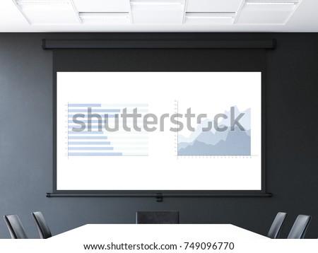 Meeting room with roll-up projector screen and charts. 3d rendering