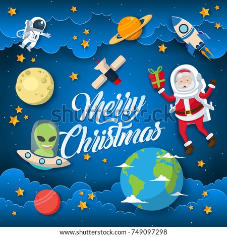2Space Theme Merry Christmas And Happy New Year Paper Art Card Illustration