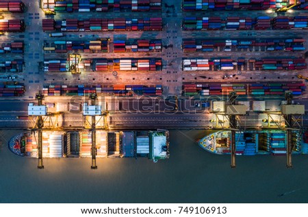 Container ship in import export and business logistic, By crane, Trade Port, Shipping cargo to harbor, Aerial view from drone, International transportation, Business logistics concept