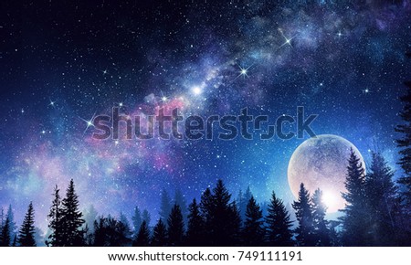 Starry sky and moon. Mixed media