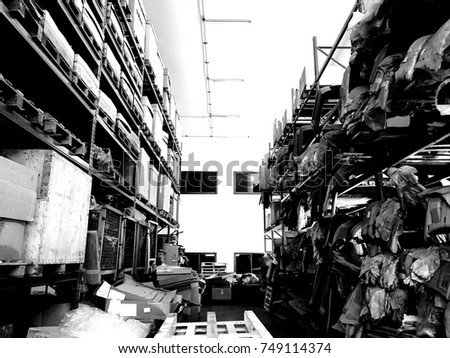 Stock and stock shelves in warehouse 