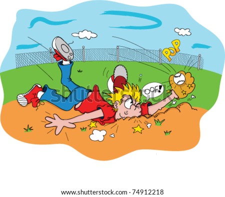 Cartoon illustration of a boy running and falling to make an out during a game of Baseball