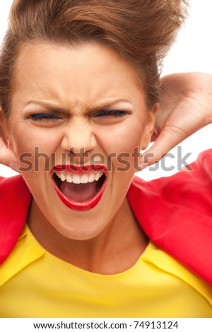 bright picture of screaming woman over white