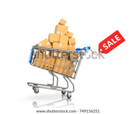 Concept of sale. A cart of a supermarket with paper boxes and a red sack. 3D illustration