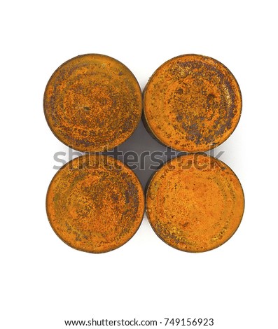 Rusty cans isolated on white background,top view.