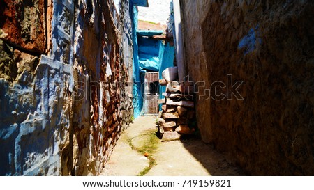 Blue city, Jodhpur, Rajasthan, India. Blue houses, background. Bright blue streets and walls. Popular tourist city in India. Indian style.