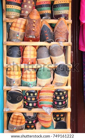Traditional moroccan babushi - soft leather shoes, souk in Essaouira, Morocco, North Africa