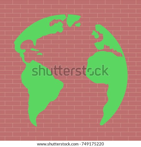 Blank similar world map on background with brick wall. Flat vector illustration