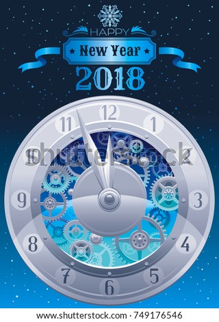 Happy new year 2018 silver golden logo icon. Vector poster with clock, balloons. Abstract holiday design template. Vintage symbols, swirls pattern, text lettering banner. Blue night sky background