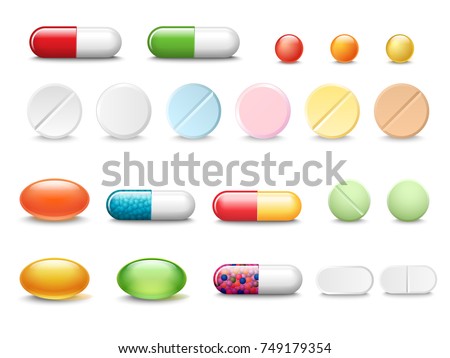 Set of vector realistic pills and capsules isolated on white background. Medicines, tablets, capsules, drug of painkillers, antibiotics, vitamins. Healthcare medical and vector illustration. Royalty-Free Stock Photo #749179354