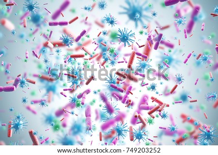 Pink and blue viruses and bacteria of various shapes against a blue background. Concept of science and medicine. 3d rendering Royalty-Free Stock Photo #749203252