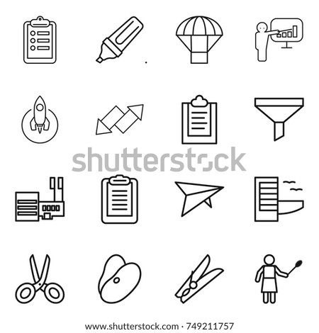 thin line icon set : clipboard, marker, parachute, presentation, rocket, up down arrow, funnel, mall, deltaplane, hotel, scissors, beans, clothespin, woman with duster