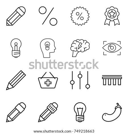 thin line icon set : pencil, percent, medal, bulb, head, brain, eye identity, add to basket, equalizer, bridge, eggplant