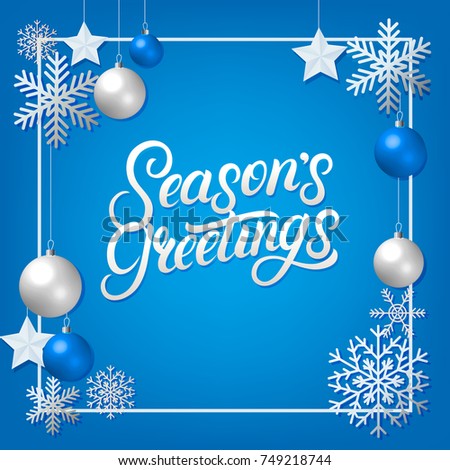Seasons greeting hand written lettering with silver decoration ornament. Frame with snowflakes, stars and balls. Trendy design. Premium luxury Christmas card. Black background. Vector illustration