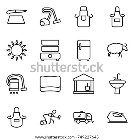 thin line icon set : cutting board, vacuum cleaner, apron, gas oven, double boiler, fridge, sheep, sponge, utility room, water tap sink, home call cleaning, iron