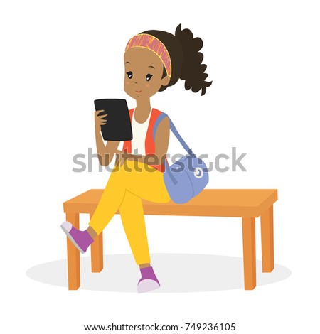 cartoon vector of an African American woman reading with an e-reader while sitting on a bench
