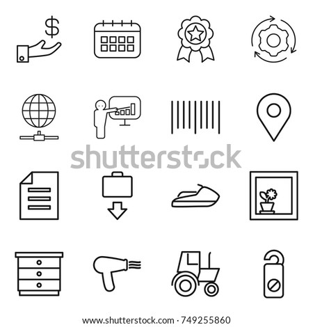 thin line icon set : investment, calendar, medal, around gear, globe connect, presentation, bar code, geo pin, document, baggage get, jet ski, flower in window, chest of drawers, hair dryer, tractor