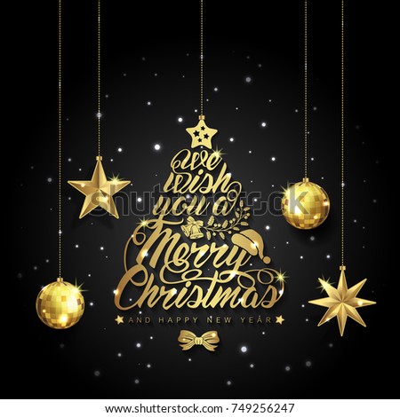 merry christmas and happy new year typography, santa's hat, golden glitter balls, hanging stars, ribbons and snow decoration for flyers, poster, web, banner, and card vector illustration
