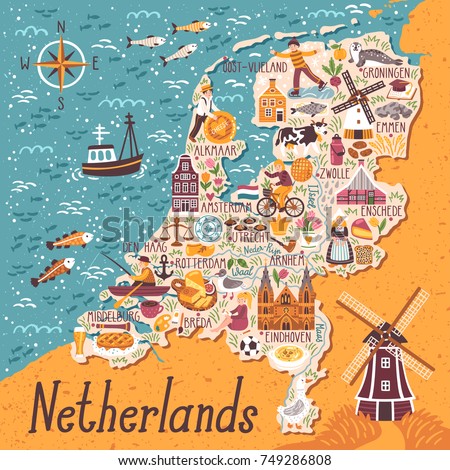 Vector stylized map of Netherlands. Travel illustration with dutch landmarks, people,traditional holland food.