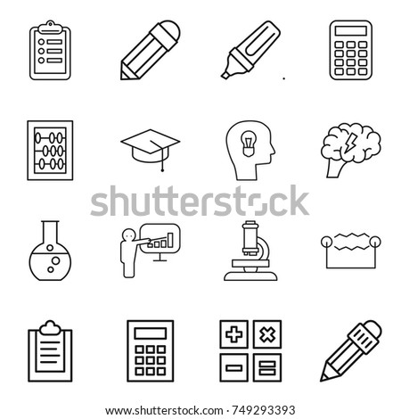 thin line icon set : clipboard, pencil, marker, calculator, abacus, graduate hat, bulb head, brain, round flask, presentation, microscope, electrostatic